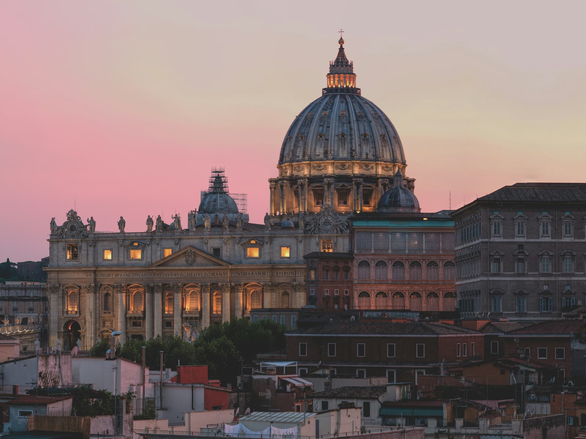 St. Peter’s Basilica and Vatican Square under a blue sky